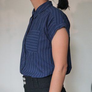 Exofficio Vertical Stripe Button Down Navy Short Sleeve Blouse- Travel